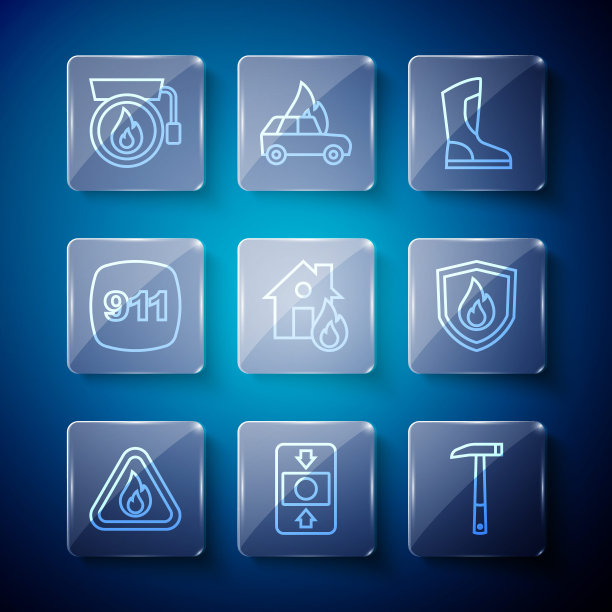 设置消防火焰三角形，报警系统，消防斧，消防靴，着火的房子，紧急呼叫911，铃声和保护盾图标。向量图片下载