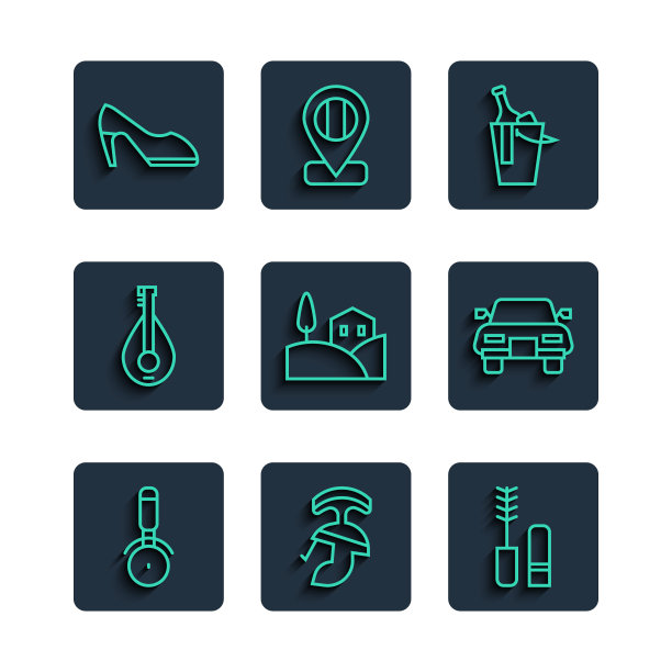 集线披萨刀，罗马军队头盔，睫毛膏刷，桶酒，村庄景观，曼陀林，女人鞋和汽车图标。向量图片下载