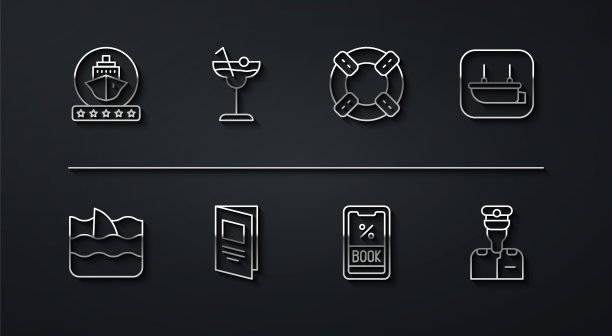 设置邮轮，鱼翅在海浪，救生艇，船票，小册子，鸡尾酒，船长和救生圈图标。向量图片下载