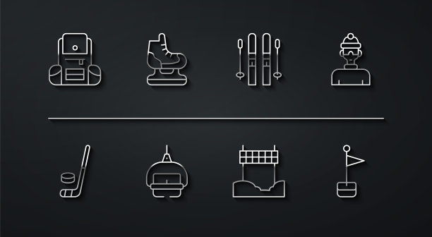 设置线徒步旅行背包，冰球棍和冰球，冬季运动员，丝带终点线，滑雪升降机，溜冰鞋，位置标记和棍图标。向量图片下载