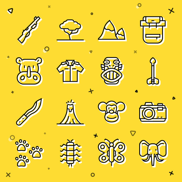 设置线大象，照片相机，箭，山，衬衫，犀牛，猎枪和墨西哥玛雅或阿兹特克面具图标。向量图片下载