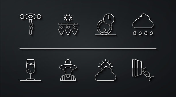 设置线葡萄酒开瓶器，玻璃，云与雨，太阳和云天气，农民帽子，干燥葡萄，品酒，品尝和木桶的葡萄酒图标。向量图片下载