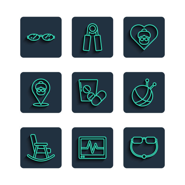 设置线摇椅，监视器心电图，眼镜，奶奶，药丸药片，疗养院，纱线球针织针图标。向量图片下载