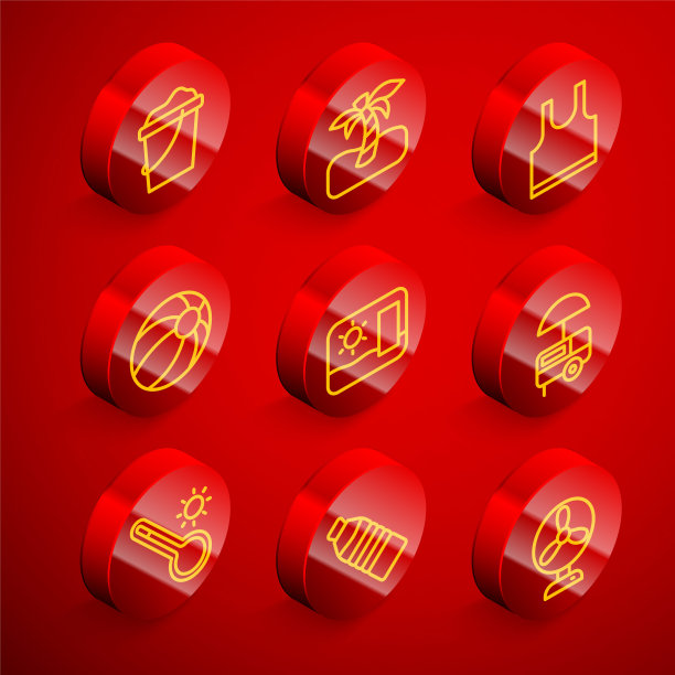 设置线沙子桶，热带棕榈树，无袖t恤，沙滩球，旅游明信片，快速街头食品车，气象温度计和瓶装水的图标。向量图片下载