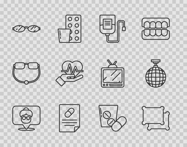 设置线疗养院，枕头，静脉袋，医疗处方，眼镜，心率，药丸或药片和迪斯科球图标。向量图片下载