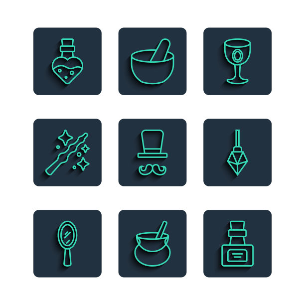 设置线魔术手镜，女巫坩埚，瓶子与药水，中世纪的高脚杯，魔术师，魔杖，和石头图标。向量图片下载