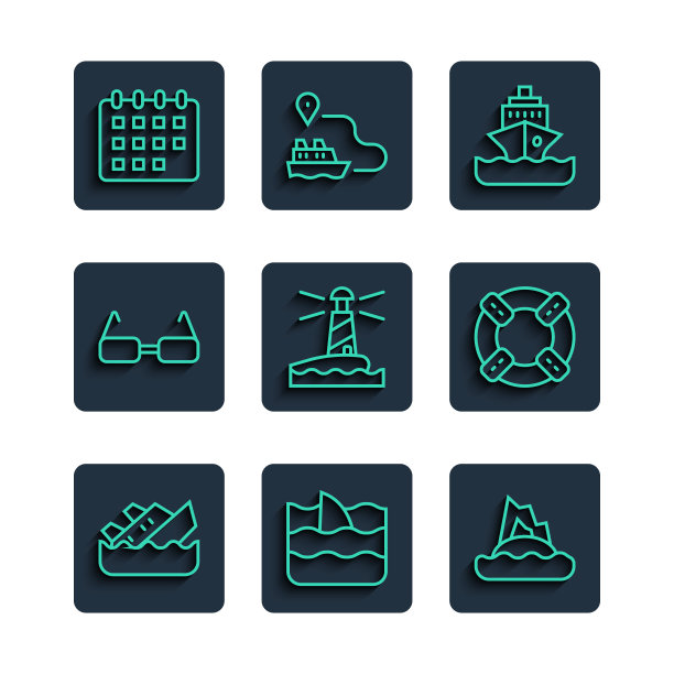 设置沉没邮轮、鱼翅海浪、热带岛屿、邮轮、灯塔、眼镜、日历和救生圈图标。向量图片下载