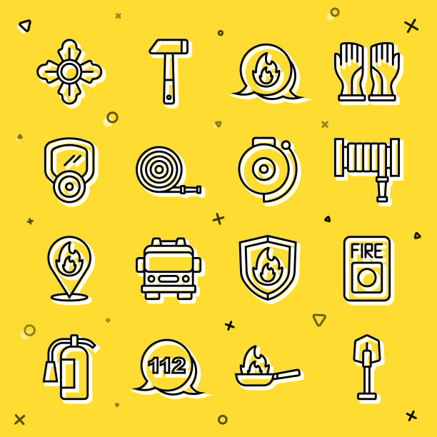 设置消防铲、报警系统、软管卷盘、紧急呼叫、防毒面具、消防员、铃声图标。向量图片下载