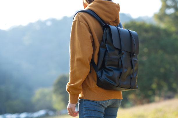 一个女性旅行者与背包看美丽的自然风景的特写图像，而在山上旅行图片下载