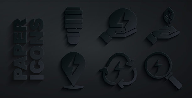 设置电池与回收，工厂在手中，闪电螺栓，和LED灯泡图标。向量图片下载