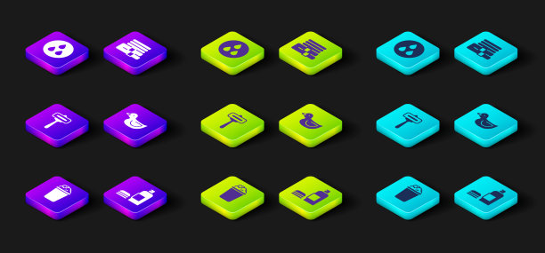 设置肥皂水桶，洗发水，剃须刀，橡皮鸭，毛巾堆和水滴图标。向量图片下载