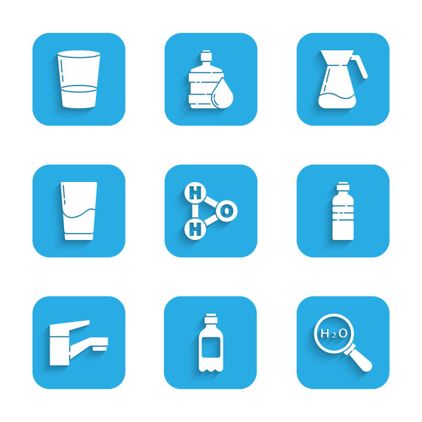 设置化学配方为H2O，瓶装水，水龙头，玻璃与，水壶玻璃和图标。向量图片下载