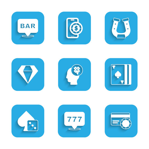 设置赌场老虎机有三草，老虎机头奖，信用卡，扑克牌，游戏骰子，钻石，马蹄铁和酒精酒吧位置图标。向量图片下载