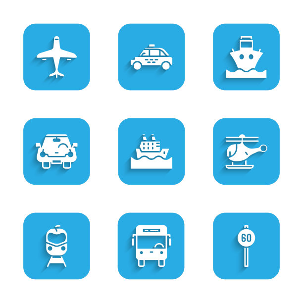 设置游轮，巴士，限速交通，直升机，火车和铁路，汽车，货物和飞机图标。向量图片下载