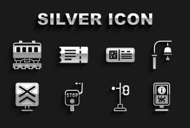 设置紧急刹车、火车站铃声、问讯处、红绿灯、铁路道口、二维码售票列车、客车及图标。向量图片下载