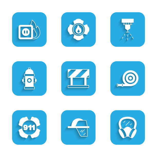 设置路障、消防头盔、防毒面具、消防软管、紧急呼叫911、消火栓、自动喷水灭火系统、插座消防图标接线。向量图片下载
