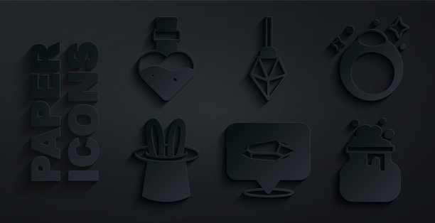 设置魔法石，戒指，魔术师的帽子和兔子耳朵，女巫坩埚，和瓶子与药水图标。向量图片下载