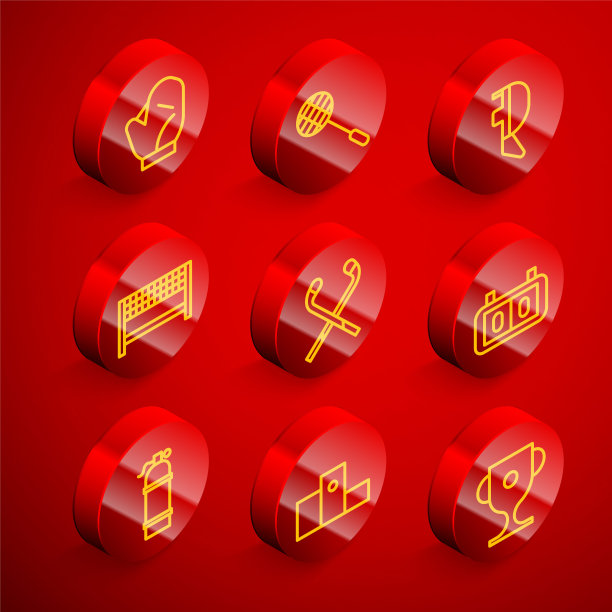 设置线棒球手套，网球拍，击剑头盔面具，缎带终点线，冰球棍，运动机械记分板，Aqualung和奖励在体育冠军领奖台图标。向量图片下载