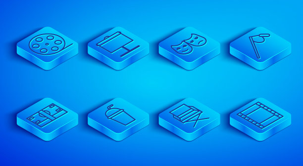 电影卷轴，投影屏幕，喜剧和悲剧面具，带吸管的纸玻璃，导演电影椅子，麦克风，叠纸钱现金和播放视频图标。向量图片下载