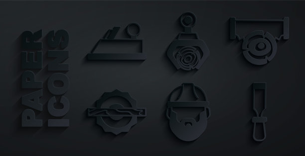 设置伐木工人，双手锯和原木，电动圆形，凿子工具，抓斗起重机抓取和木材飞机图标。向量图片下载