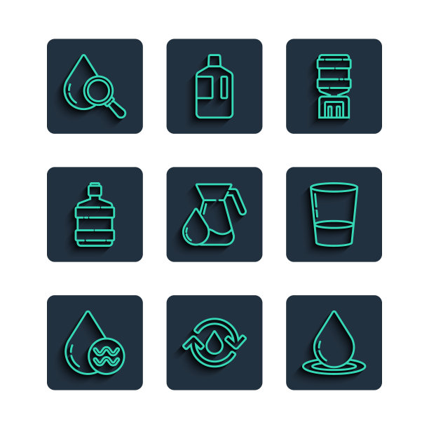 设置线回收清洁水，水滴，冷却器，水罐玻璃与水，大瓶子，水滴和放大镜和玻璃图标。向量图片下载