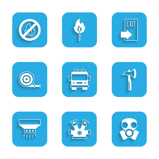 设置消防车、消火栓、防毒面具、消防斧、自动喷水灭火系统、软管卷筒、出口和无消防图标。向量图片下载