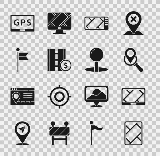 使用地图、搜索位置、收费道路交通标志、定位标志和推钉图标设置Gps设备。向量图片下载