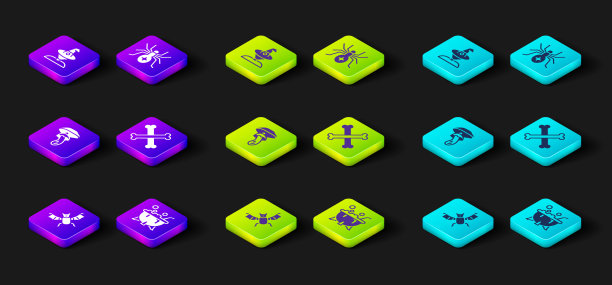 设置飞行的蝙蝠，万圣节女巫坩埚，裸盖菇，交叉的骨头，蜘蛛和女巫图标。向量图片下载