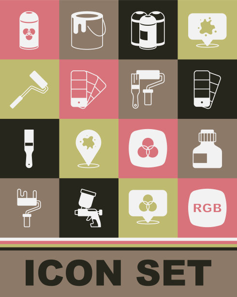 设置RGB，油漆，水粉，罐子，染料，调色板指南，喷雾罐，滚筒刷，和图标。向量图片下载