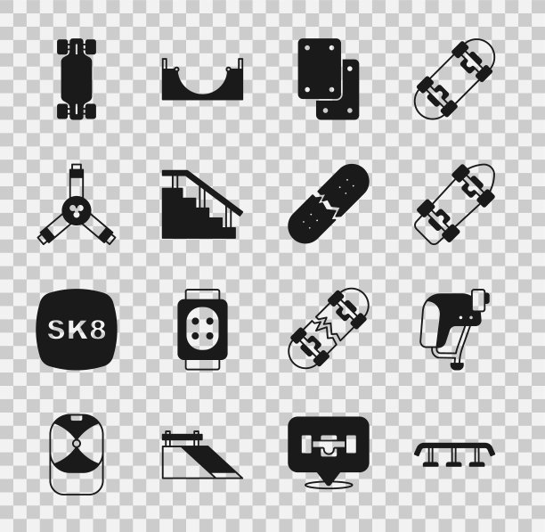 设置滑板楼梯，栏杆，头盔，护膝，y形工具，长板或滑板和破碎甲板图标。向量图片下载