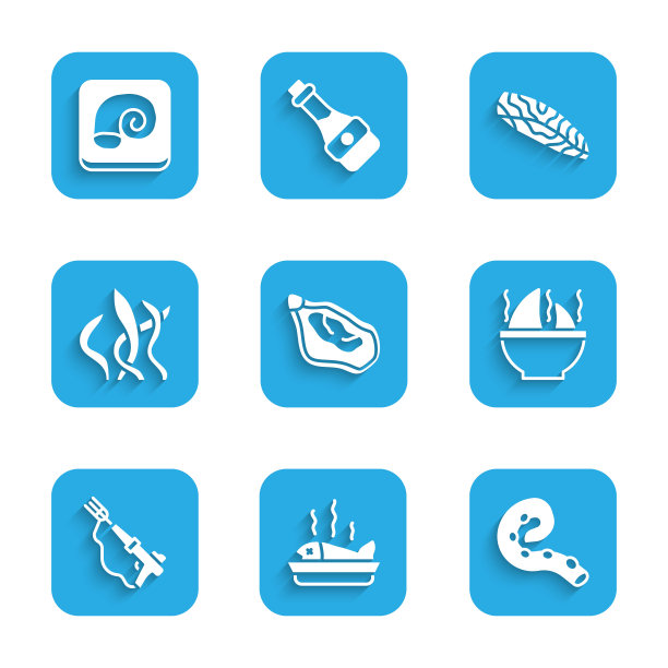 套装贻贝，盘中鱼类，章鱼触手，鱼翅汤，鱼叉，海藻，牛排和图标。向量图片下载