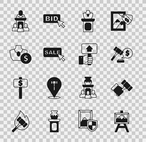 集拍卖绘画，锤子，价格，珠宝销售，价格标签与销售，拍卖师出售和手握桨图标。向量图片下载