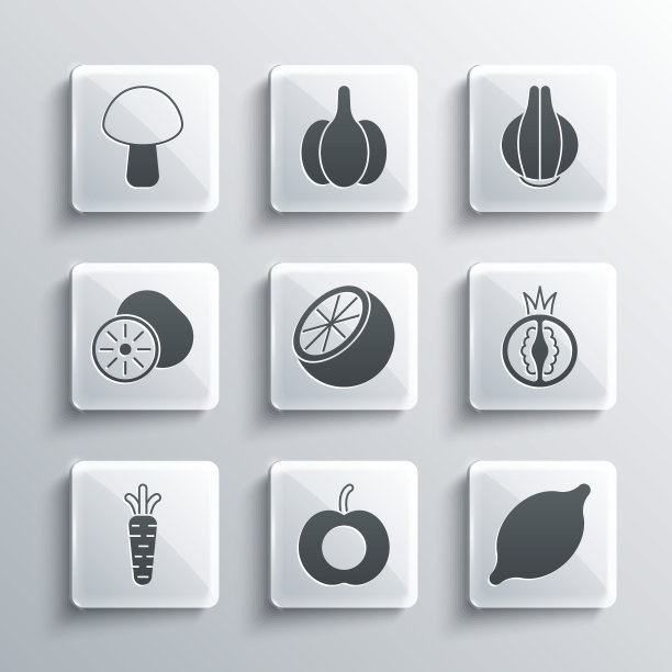 设置桃水果，柠檬，番茄，橘子，胡萝卜，猕猴桃，蘑菇和洋葱图标。向量图片下载