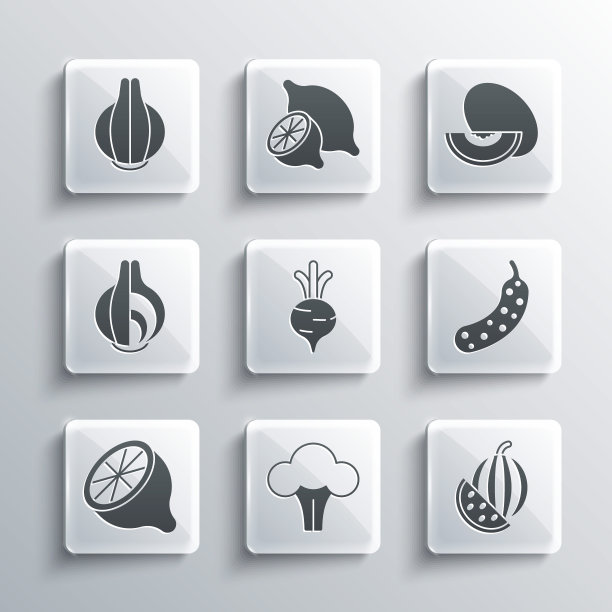 设置西兰花，西瓜，新鲜黄瓜，甜菜，柠檬，洋葱，瓜果图标。向量图片下载