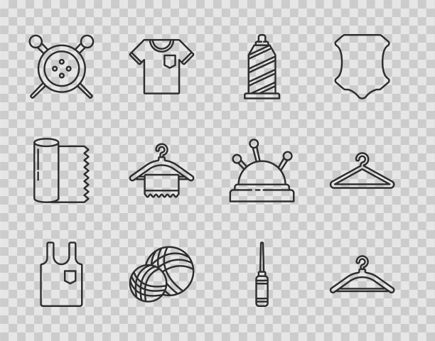 设置线无袖t恤，衣架衣柜，缝纫线，纱线球，钮扣和针织针，锥子工具和图标。向量图片下载