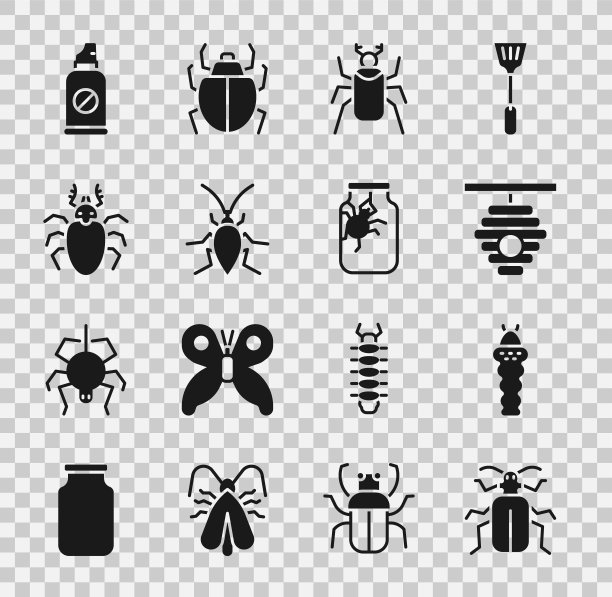 设置金龟子甲虫，幼虫昆虫，蜂箱为蜜蜂，甲虫，蟑螂，鹿，喷雾对抗昆虫和蜘蛛罐图标。向量图片下载