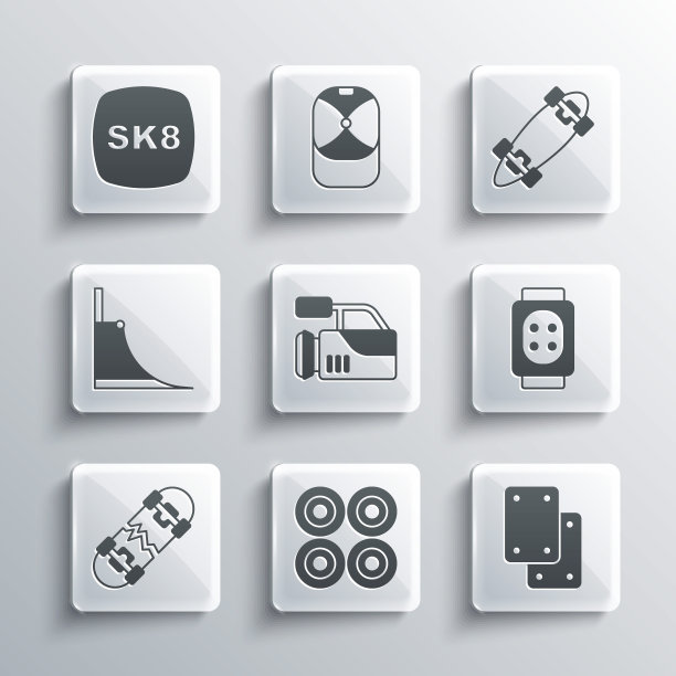 设置滑板轮，护膝，电影相机，破碎的滑板，公园，和长板或图标。向量图片下载