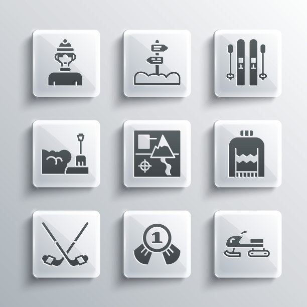 设置奖牌，雪地摩托，圣诞毛衣，折叠的地图，冰球棍，雪堆里的铲子，冬季运动员和滑雪和图标。向量图片下载