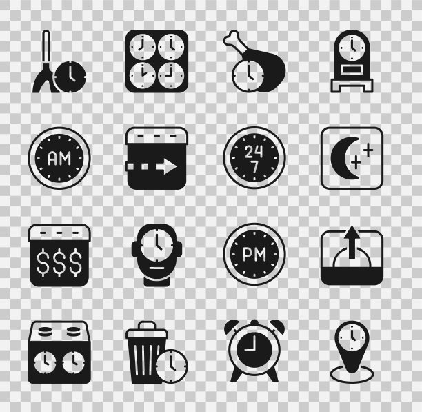 设置时区时钟，日出，月亮和星星，食物时间，飞行，早晨，清洁和时钟24小时图标。向量图片下载