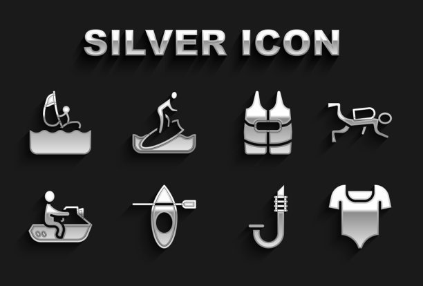 设置皮艇和划桨，水肺潜水员，泳装，通气管，摩托艇，救生衣，风帆冲浪和冲浪板图标。向量图片下载