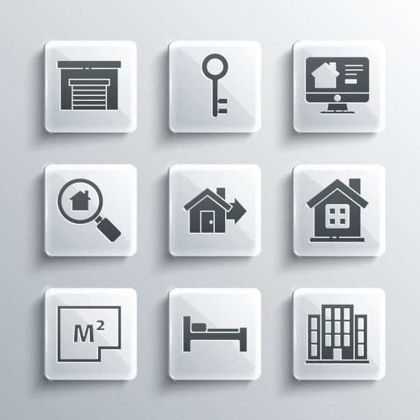 设置床，房子，出售房子，计划，搜索，车库和在线房地产图标。向量图片下载