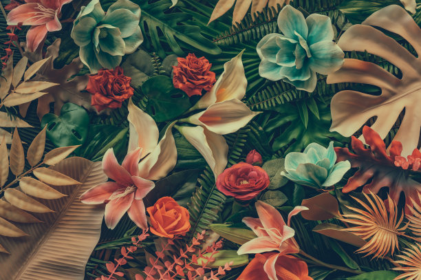 创意图案由花朵和树叶铺平的概念自然花卉贺卡色彩缤纷的春天花朵背景空间为文字时尚的自然装饰设计图片下载