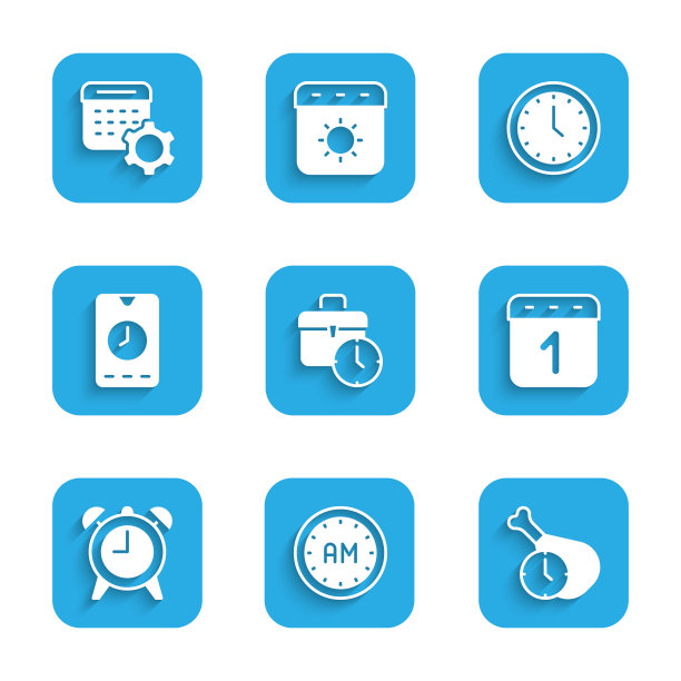 设置工作时间，早上，食物，日历，闹钟，应用程序移动，时钟和设置图标。向量图片下载