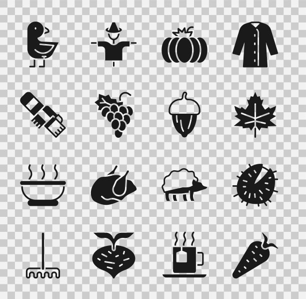 设置胡萝卜，栗子，叶子或叶子，南瓜，葡萄水果，冬天围巾，小鸡和橡子图标。向量图片下载