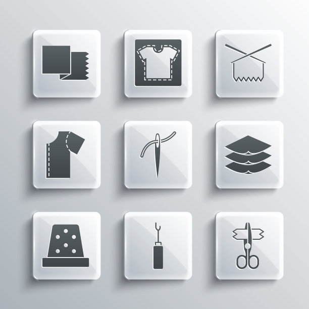 设置锥子工具，剪刀，层服装纺织品，针与线，缝纫的顶针，缝纫图案，纺织织物卷和针织针图标。向量图片下载