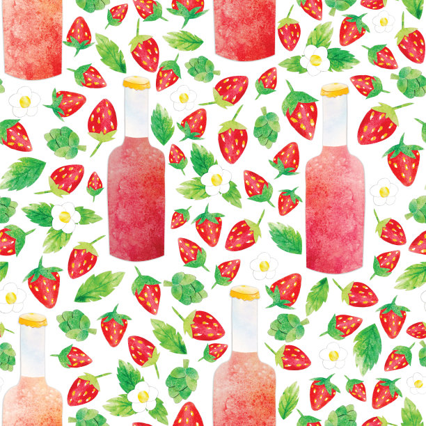 手绘水彩剪纸草莓水果工艺啤酒无缝图案。浆果，叶子和花，瓶子和啤酒花锥在可爱的童心风格背景。适用于卡片、壁纸或纺织品图片下载