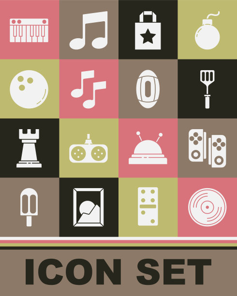 设置光盘，手柄，刮刀，购物袋，音乐，音调，保龄球，合成器和美式足球图标。向量图片下载