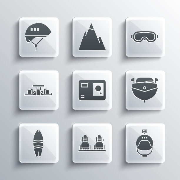 设置滑雪板，头盔和行动相机，快艇，行动极端，冲浪板，一级方程式赛车，自行车头盔和滑雪镜图标。向量图片下载