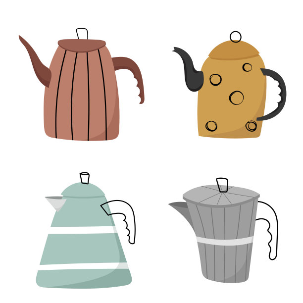卡通手绘水壶套装。茶壶与喷壶厨具、厨具载体收集。图片下载