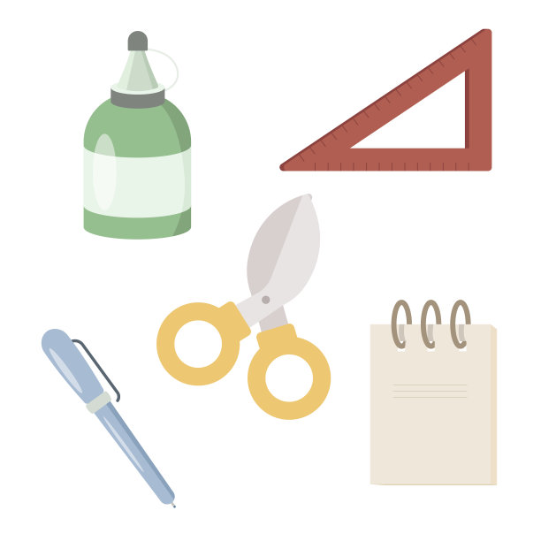 办公室或学校文具套装。卡通平面风格插图。图片下载